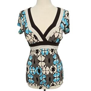 Y2K Speechless Babydoll Deep V Neck Top Womens M Retro 50s Funky Blue Brown